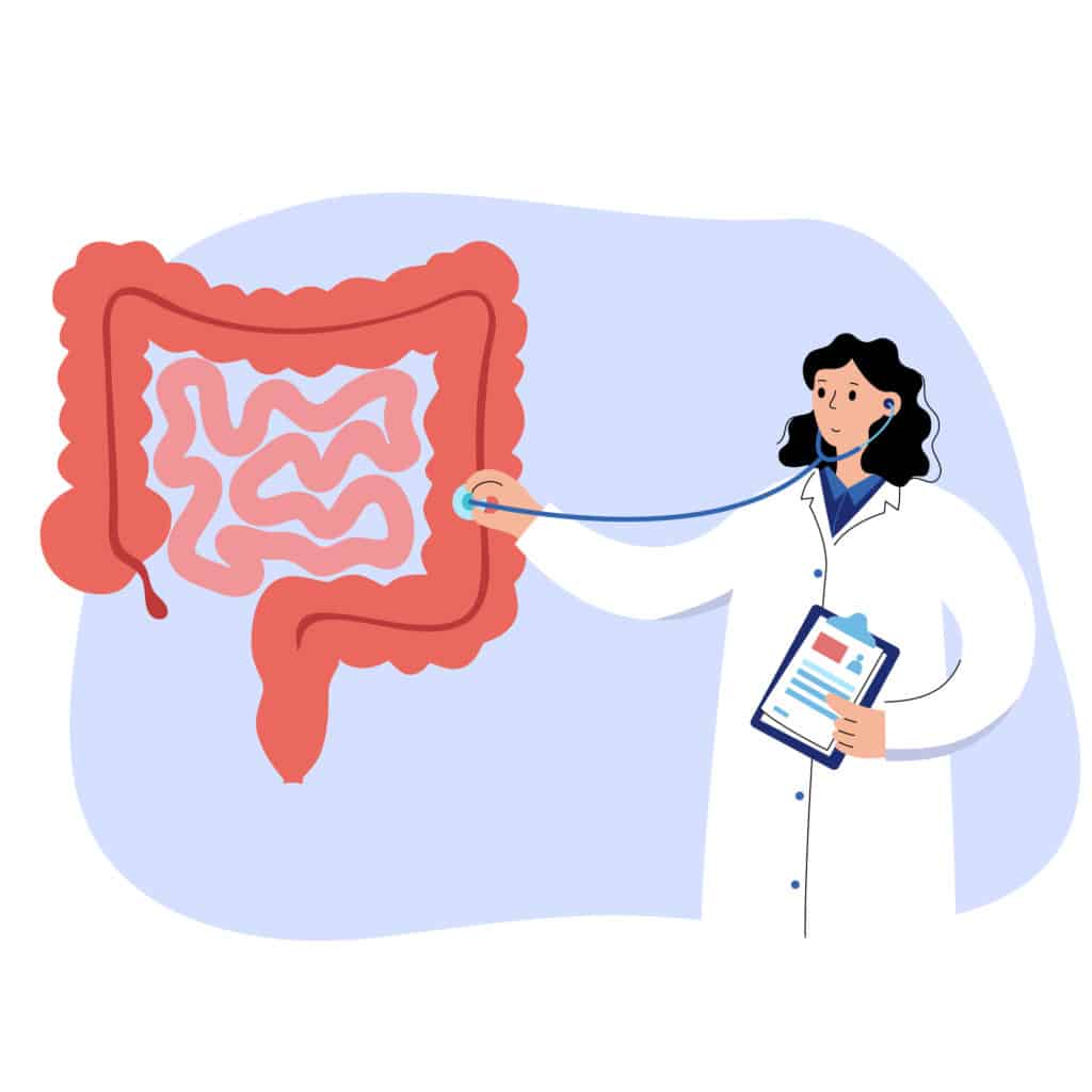 intestine being examined by cartoon doctor for constipation and back pain treatment 